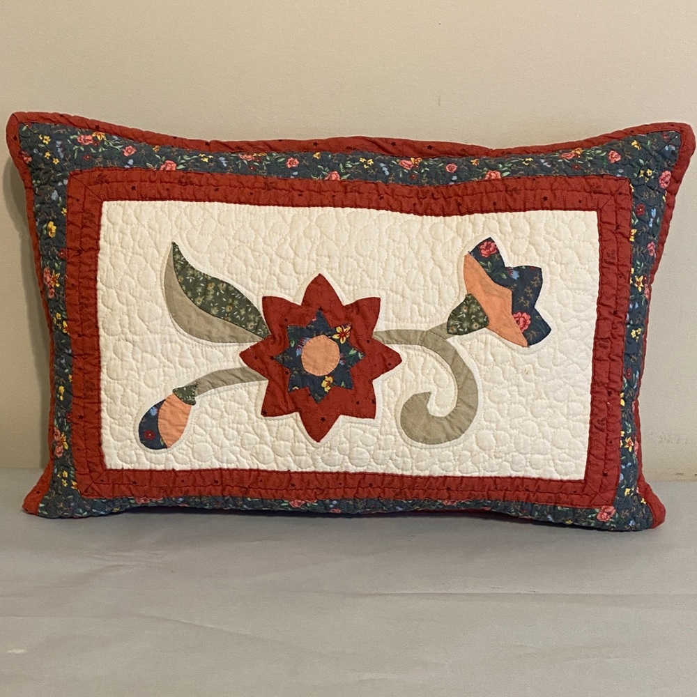 Vintage Floral Quilted Pillow with Red and Blue Accents rectangular lumbar